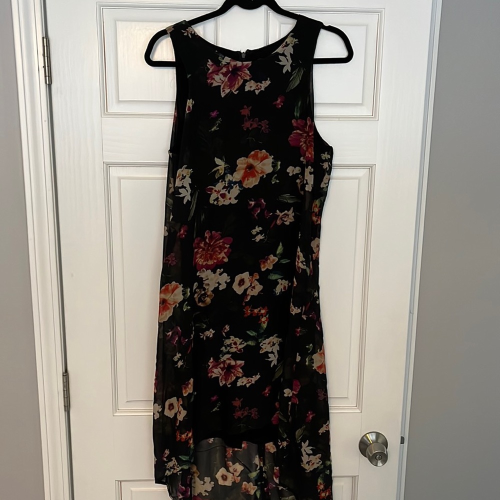 Black Floral Print High Low Dress